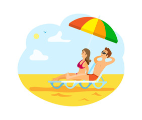 Beach and summer vacation vector, resort relaxation. Man and woman enjoying sunshine, laying under rainbow umbrella. Sand and clear sky with sun isolated