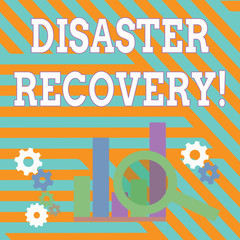 Text sign showing Disaster Recovery. Business photo showcasing helping showing affected by a serious damaging event Magnifying Glass Over Bar Column Chart beside Cog Wheel Gears for Analysis