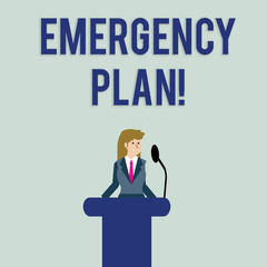 Text sign showing Emergency Plan. Business photo text actions developed to mitigate damage of potential events Businesswoman Standing Behind Podium Rostrum Speaking on Wireless Microphone