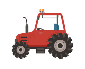 Tractor side view, vehicle agricultural equipment with big wheels, farming car in red color, machine for meadow, countryside transport in flat style vector