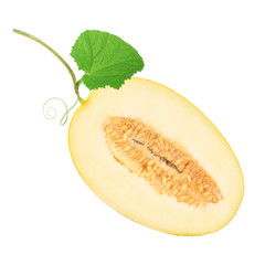 half of yellow melon vith green leaf  isolated on white background. front view