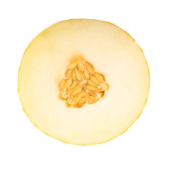 half of yellow melon isolated on white background. front view