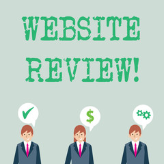 Word writing text Website Review. Business photo showcasing the customer ratings and assessments of businesses or service Businessmen Each has their Own Speech Bubble with Optimization Cost Icons