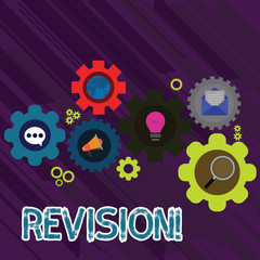 Text sign showing Revision. Business photo text action of revising over someone like auditing or accounting Set of Global Online Social Networking Icons Inside Colorful Cog Wheel Gear
