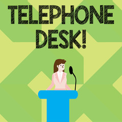 Writing note showing Telephone Desk. Business concept for provide a working surface enough to write notes while calling Businesswoman Behind Podium Rostrum Speaking on Microphone