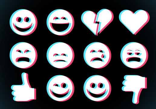 Emoji icons set with smiling face, thumbs up and heart with glitch style