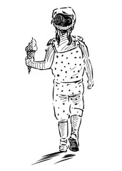 One little girl walks down the street and eats an ice cream