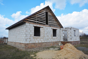 Unfinished house from autoclaved aerated concrete blocks, New House construction site.