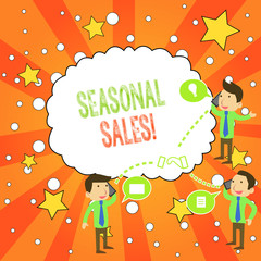 Writing note showing Seasonal Sales. Business concept for Discount which is offered on goods at particular seasons