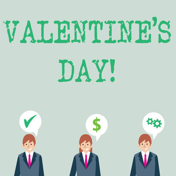 Word writing text Valentine S Day. Business photo showcasing roanalysistic holiday celebrated each year on February 14 Businessmen Each has their Own Speech Bubble with Optimization Cost Icons