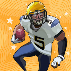 cartoon funny male american football player playing soccer with ball in his hand