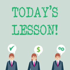 Word writing text Today S Is Lesson. Business photo showcasing ask assigned for individual study Something to be learned Businessmen Each has their Own Speech Bubble with Optimization Cost Icons