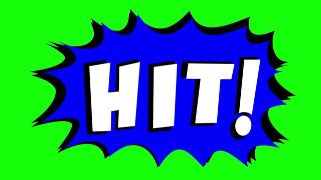 A comic strip speech bubble cartoon animation, with the words Bam, Hit. White text, blue shape, green background.