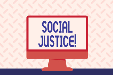 Text sign showing Social Justice. Business photo showcasing Equal access to wealth and privileges within a society Blank Space Desktop Computer Colorful Monitor Screen Freestanding on Table