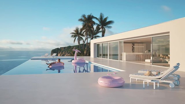 3D-Illustration. modern luxury infinity pool with summer accessoires