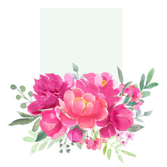 Watercolor frame design with peonies and leaves. Hand painted floral background with floral elements, peony and flowers. Garden style card