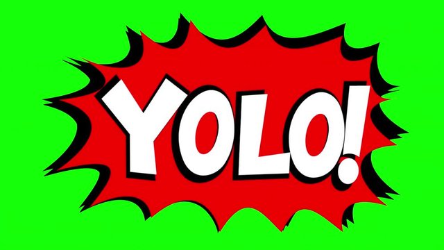 A comic strip speech bubble cartoon animation, with the words Wtf, Yolo. White text, red shape, green background.
