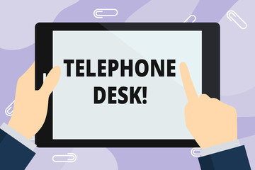 Handwriting text writing Telephone Desk. Conceptual photo provide a working surface enough to write notes while calling Hand Holding Pointing Touching Blank Rectangular Color Tablet White Screen