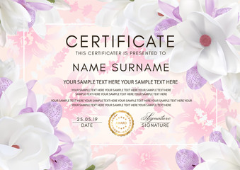Obraz na płótnie Canvas Certificate vector template with flowers. Floral background with magnolia and orchid flowers for diploma, wedding invitation, romantic summer design