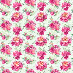 Watercolor pattern design with peonies and leaves. Hand painted floral background with floral elements, peony and flowers. Garden style card