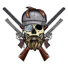 Hand drawn sketch, color skull with mustaches, hunter hat, guns and ribbon for text