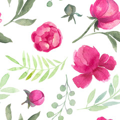 Watercolor pattern design with peonies and leaves. Hand painted floral background with floral elements, peony and flowers. Garden style card