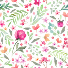 Watercolor pattern design with peonies and leaves. Hand painted floral background with floral elements, peony and flowers. Garden style card