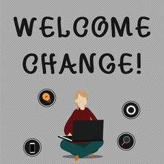 Conceptual hand writing showing Welcome Change. Concept meaning to accept with pleasure the occurrence Longawaited change Woman Sitting with Crossed Legs on Floor Browsing the Laptop