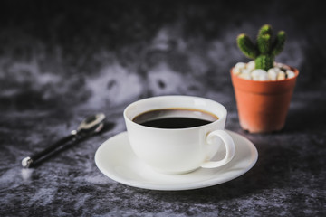 Black coffee in a white coffee cup and cactus placed on a black background