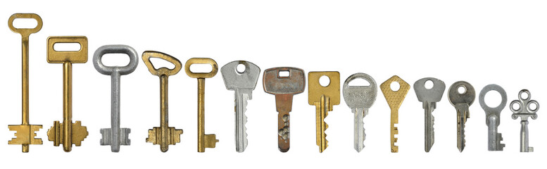 Different old keys on white isolated background.Set for the designer.