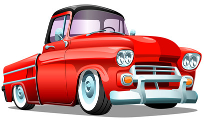 Cartoon red retro truck pickup car, on a white background. ESP Vector illustration. - obrazy, fototapety, plakaty