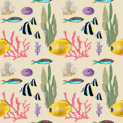 Hand drawn in watercolor sea world natural element. Corals reef fish seamless pattern on biege background.