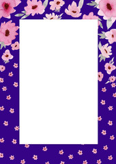 Flowers composition. Rectangular violet frame made of pink flowers and leaves with space for text