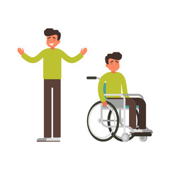 Set of Sad man sits in wheelchair and happy man stands with raised arms. Young male person got up from a wheelchair as a result of rehabilitation. Vector Medical concept