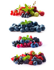 Set of fresh berries isolated a white. Background of mix fruits with copy space for text.Assortment of summer berries