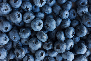 Fresh Blueberry Background. Texture blueberry berries close up. Sprinkle blueberries. Ripe blueberries with copy space for text. Fresh blueberries scattered. Bunch of blueberries.