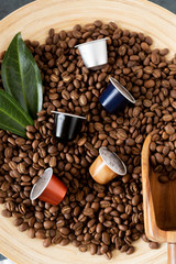 Loose Coffee Beans with Pods in Wooden Bowl