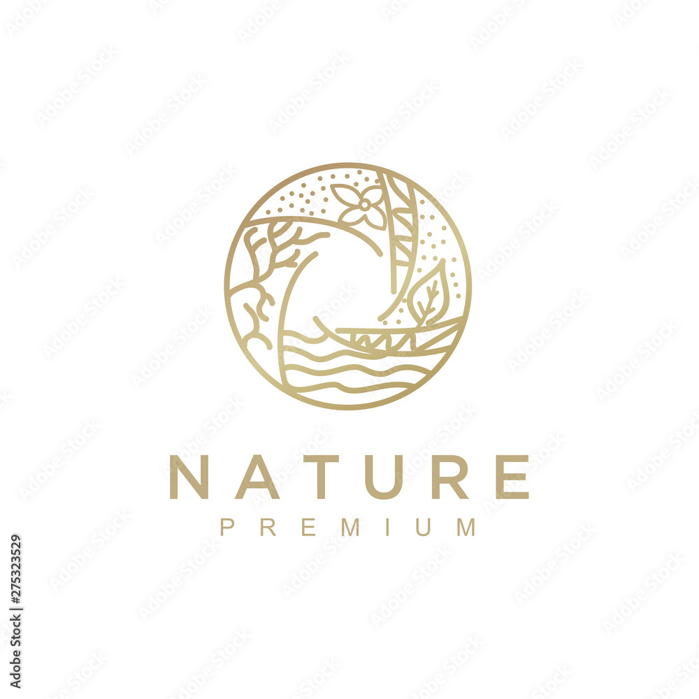 Poster Nature abstract plant logo. Round emblem flower in a circle in linear style. flower shop, cosmetics, ecology concepts, health, spa, yoga Center.