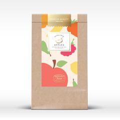 Craft Paper Bag with Dried Fruits Label. Abstract Vector Packaging Design Layout with Realistic Shadows. Modern Typography, Hand Drawn Apple Silhouette and Colorful Background.