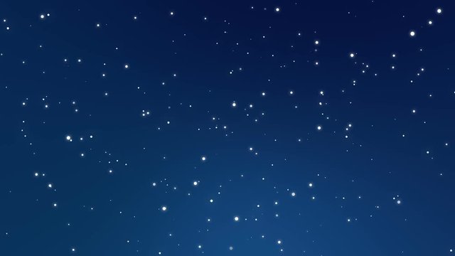 Illuminated starry night sky animation made of sparkly white light particles flickering on a glowing dark blue background.