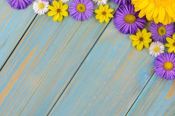 Yellow gerbera, daisy and purple garden flowers on a blue wooden table. The flowers are arranged side by side. Top view, copy space.