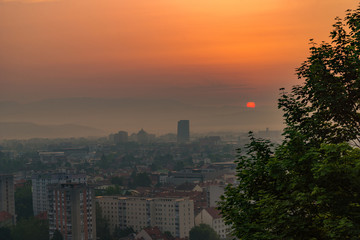 foggy sunrise at capitol of Slovenia, Ljubljana in summer