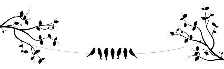 Naklejki  Ptaki na drucie na dwóch gałęziach wektor, projekt plakatu, dekoracje ścienne, sylwetki ptaków. Seven Birds on Wire Illustration Design, Art Decor, Wall Decals isolated on white background
