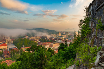 foggy sunrise at capitol of Slovenia, Ljubljana in summer