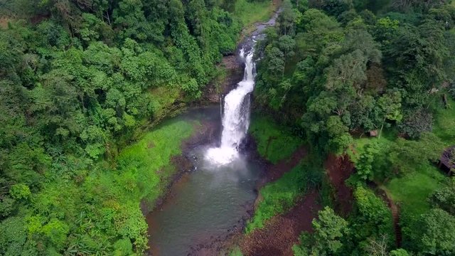 Aerial view of Tad E-tu waterfall in rainforest at Pakse and Champasak city Laos