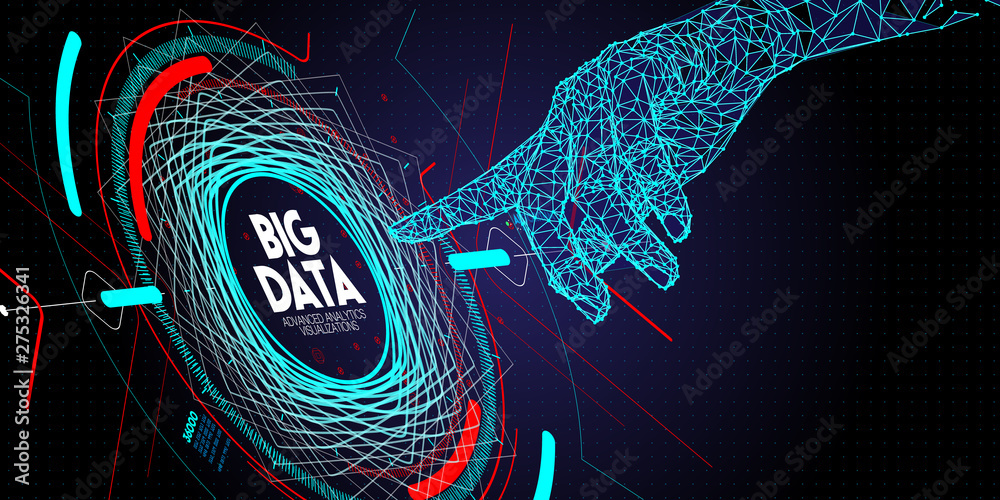 Poster Low polygon hand working with Big data avanced technology and visualization with Fractal element with lines and dots array.