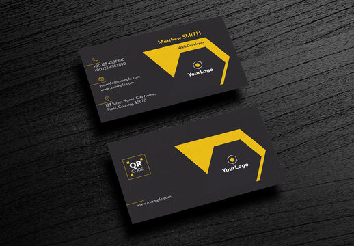 Dark Gray Business Card Layout with Yellow Accents