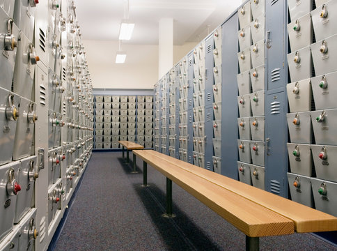 Benches and lockers in locker room