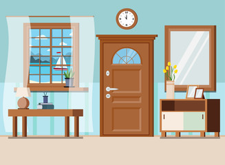 Cozy home entrance hall interior background with furniture: coffee table, wall clock, plant, lamp, window with seascape view, mirror, chest of drawers, door. Flat style vector cartoon illustration.