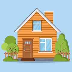Isolated rural farm woofen house with fence, chimney, attic, windows, door, green trees in cartoon flat style. Vector illustration of detailed house icon isolated on blue background.